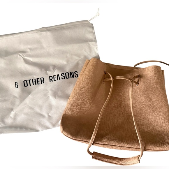 8 Other Reasons Handbags - 8 Other Reasons Elegant Pebbled Leather Drawstring Cream Tan Tote Bag